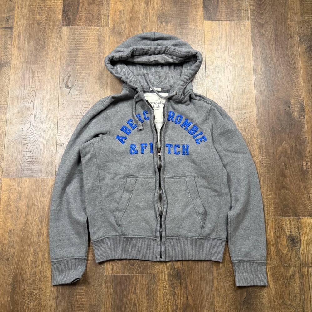 Abercrombie & Fitch Muscle Fit Full Zip Hoodie Men's XL Gray Blue Logo Spellout